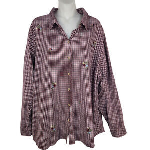 Cabin Creek Shirt Size 22W Long Sleeve Button Plaid Cotton Embroidered Flowers
